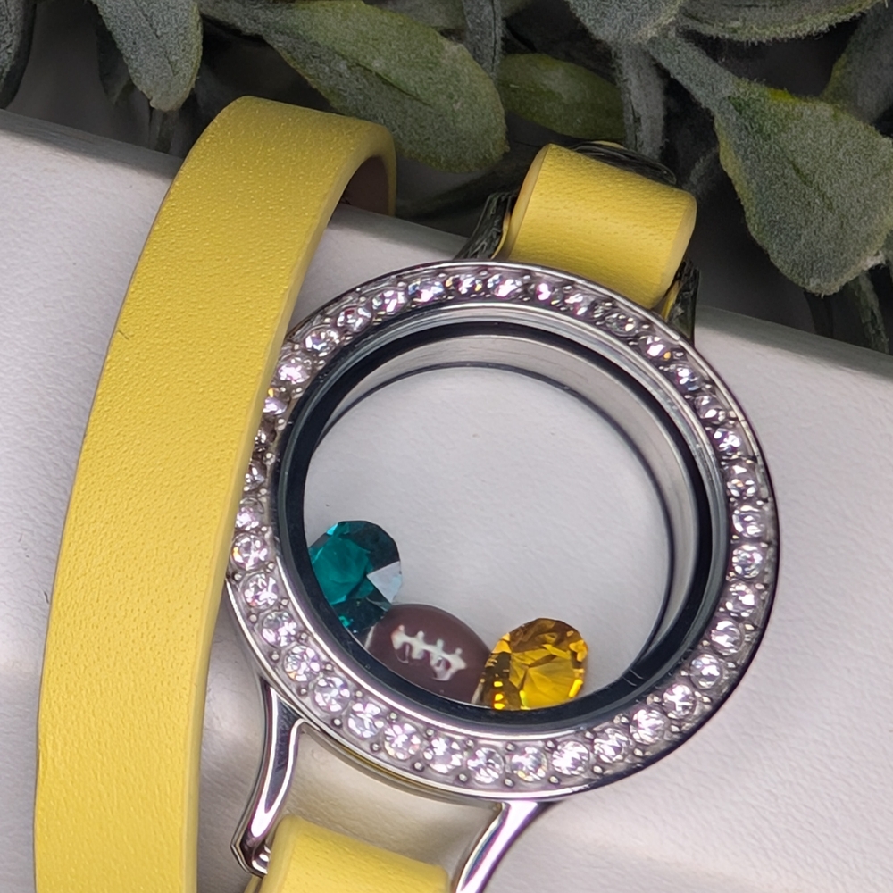 Origami Owl Yellow Leather Wrap Bracelet with Medium Silver Locket Packer Charms